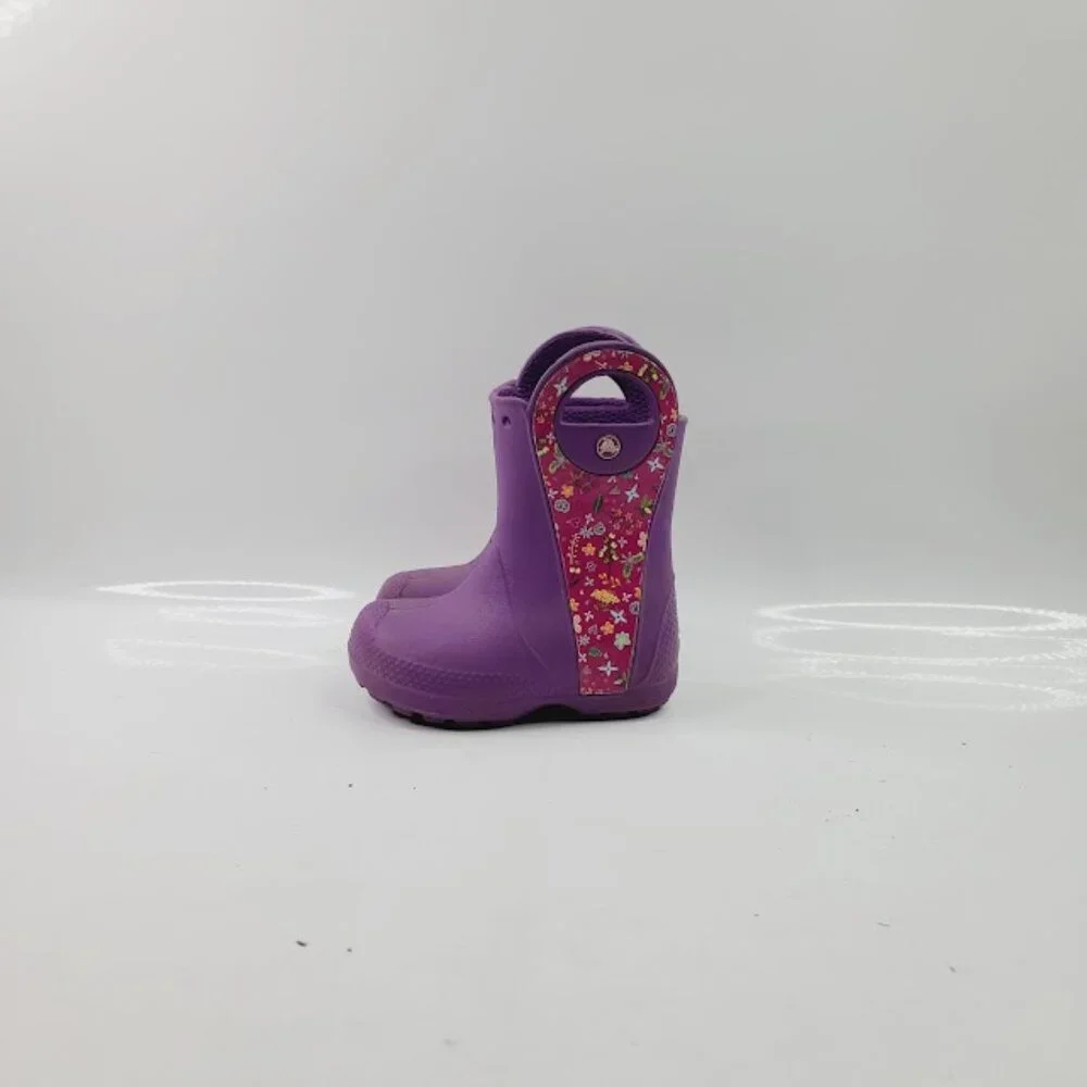 Crocs Girl's Purple‎ Pink Handle It Floral Rubber Ankle Rain Boot Size 8
